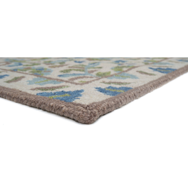 Lugano Hand-Tufted Wool Loop Pile Indoor Rug Traditional Bordered Cream/Blue/Green, Runner 2'6" x 8'