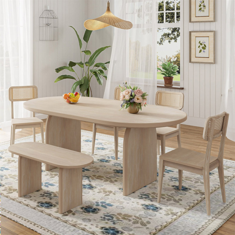 Ensemble de table de salle à manger 6 pièces avec banc, ensemble de chaises de table ovales pour 6 personnes, ensemble de salle à manger de style moderne, naturel