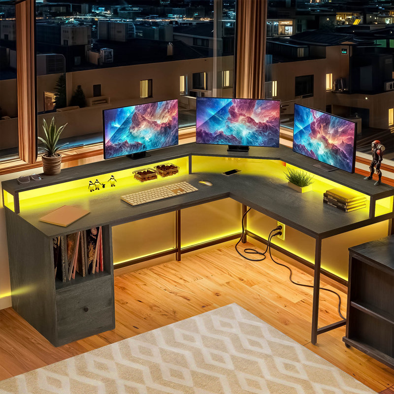 Monge L-Shape Wood Corner Desk Computer Table with LED Light & Power Outlets, Grey