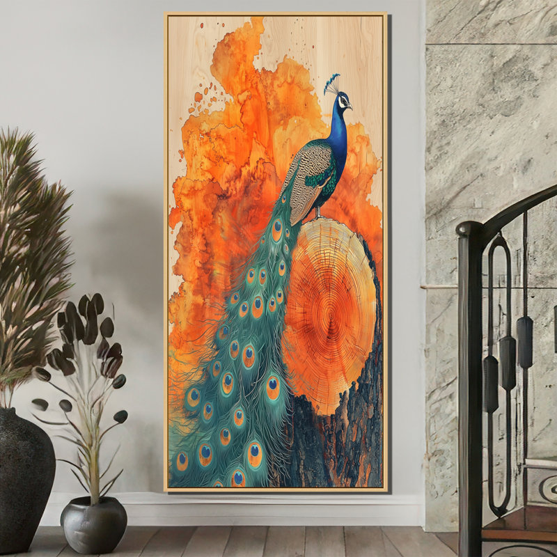 Hartzell Colorfull Peacock In Autumn Landscape I - paon, art mural, Impression sur cadre flottant, H 60 po x l 28 po