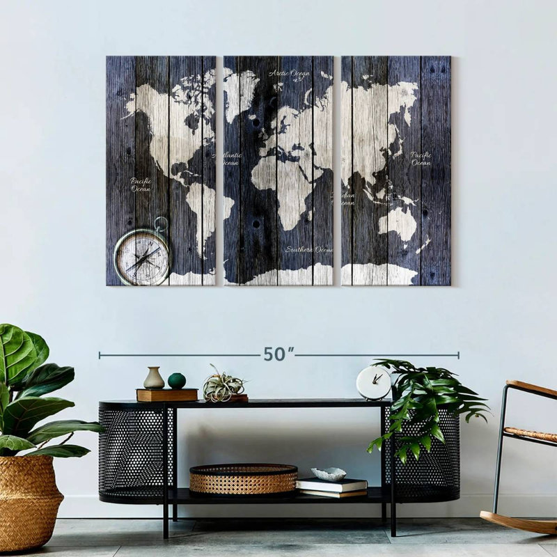 Carte du monde sur bois, carte du monde sur toile, reproduction de 3 pièces, H 32 po x l 50 po x P 1,25 po