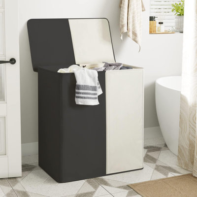 Panier à linge double avec couvercle, grand panier à linge de 154 L, pliable, à 2 compartiments, avec sacs à linge amovibles, idéal pour la buanderie ou les résidences étudiantes (noir et beige).
