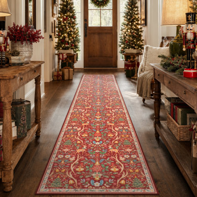 Kaldi Vintage Christmas Deer Floral 2 ft. x 10 ft. Red  Runner Rug for Hallway, Entryway & Kitchen