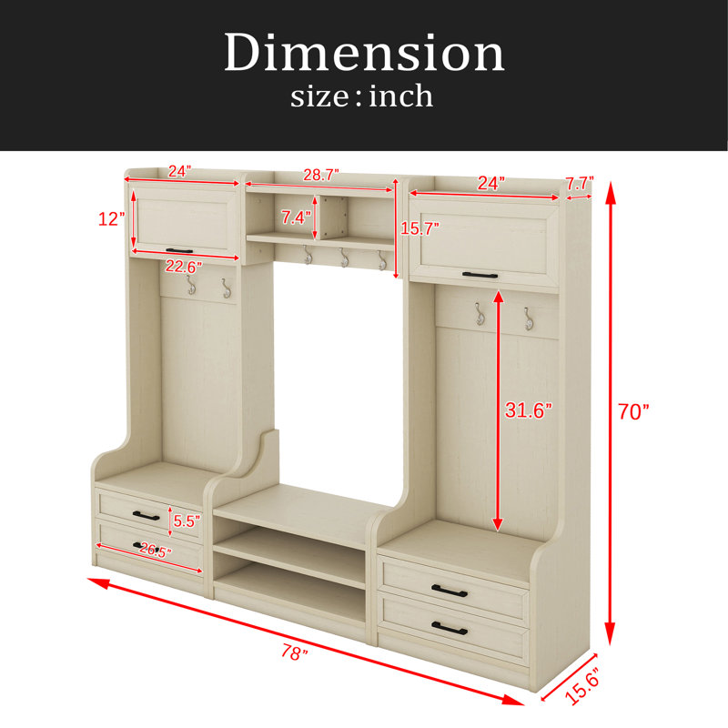 4-In-1 Detachable Hall Tree With Storage And 7 Hooks, Multiple Functions Hallway Coat Rack With Storage Drawers And Cabinet, Antique Shoe Bench For Entryway Hallway