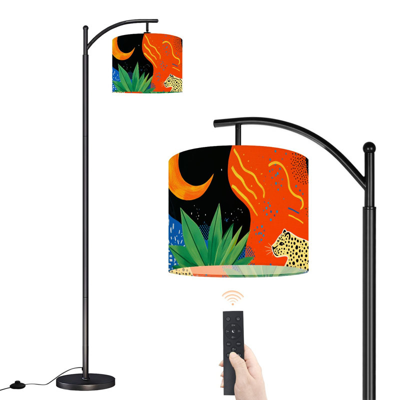 Arc Floor Lamp with Adjustable Lampshade Boho Floral Geometric Modern Orange Aesthetic Cheetah Tail Geometric Standing Lamp 3 Color Temperatures Dimmable Tall Pole Lamp with Foot Switch for Bedroom