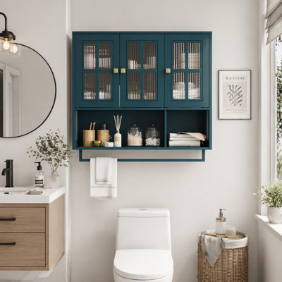 Bathroom Wall Cabinet, 3-Door Wooden Wall Cabinet with Open and Hidden Storage Space, Medicine Cabinet with Glass Door and Towel Bar for Entryway Living Room Bathroom Dining Room