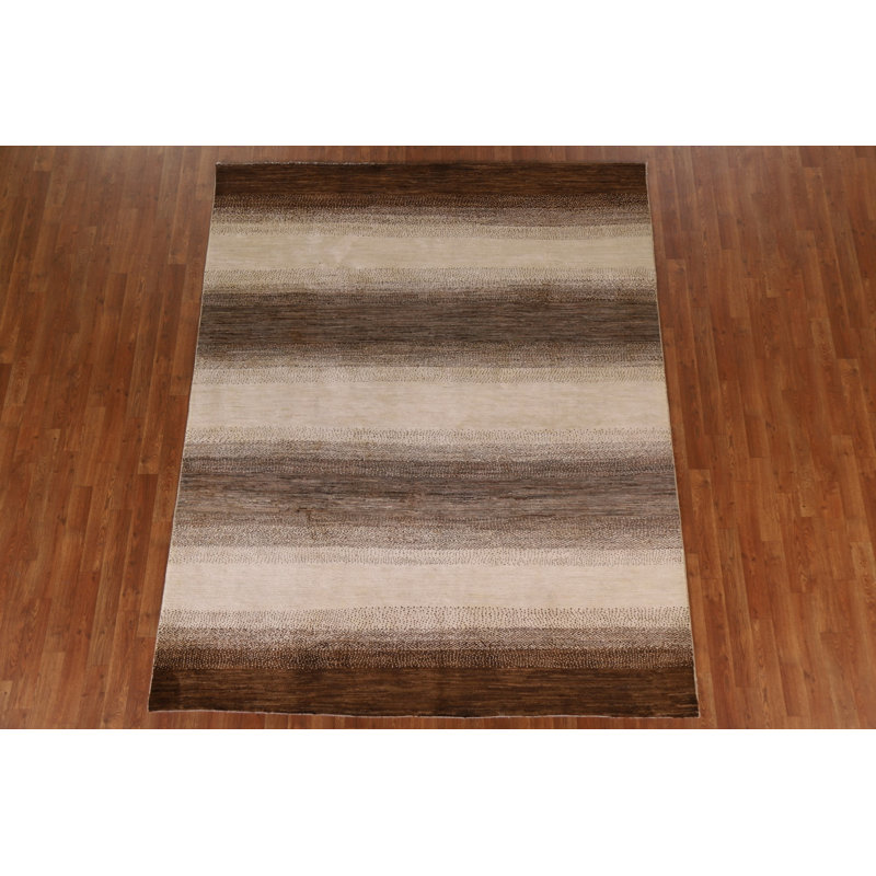 Tapis ivoire en laine noué à la main de conception unique 6 pi 5 po x 8 pi 2 po New Age