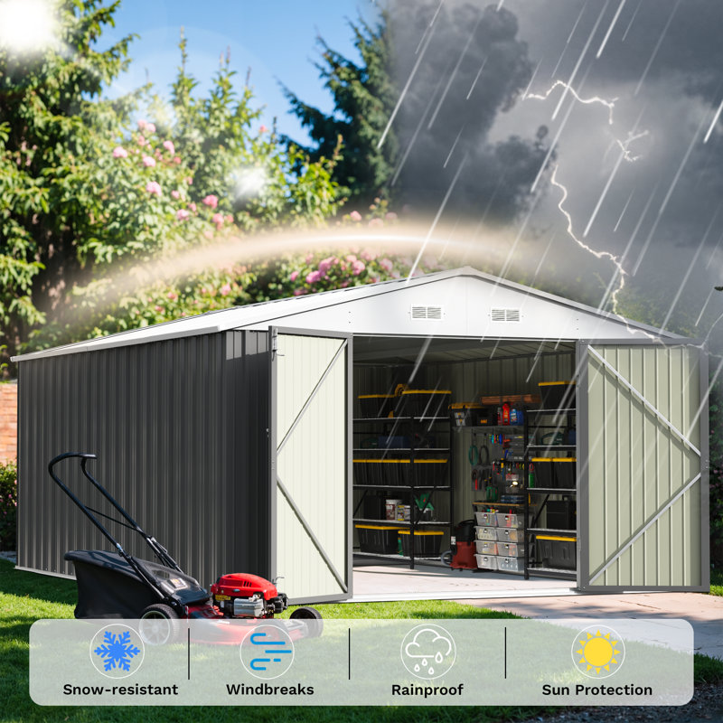 10 Ft. W X 14 Ft. D Metal Storage Shed, Gray, Gray/White