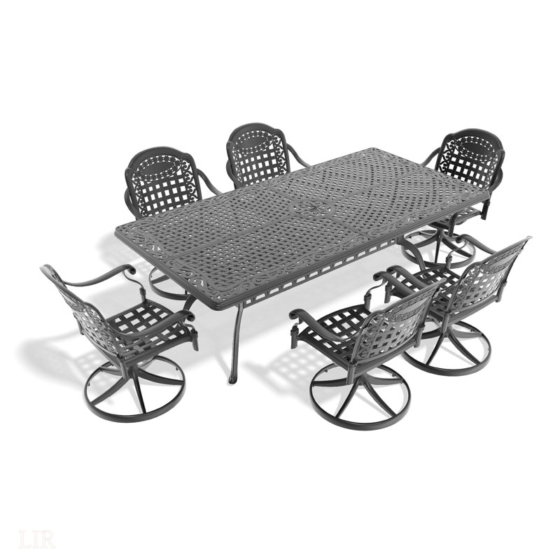 Ensemble de salle à manger toutes saisons en fonte d'aluminium avec chaises pivotantes et table rectangulaire pour profiter de l'extérieur