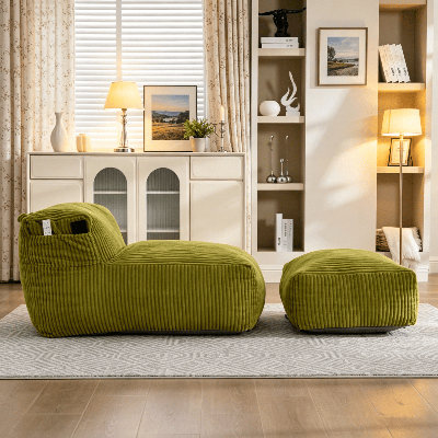 Chaise longue adulte en velours côtelé - Mousse moulée par compression, avec repose-pieds