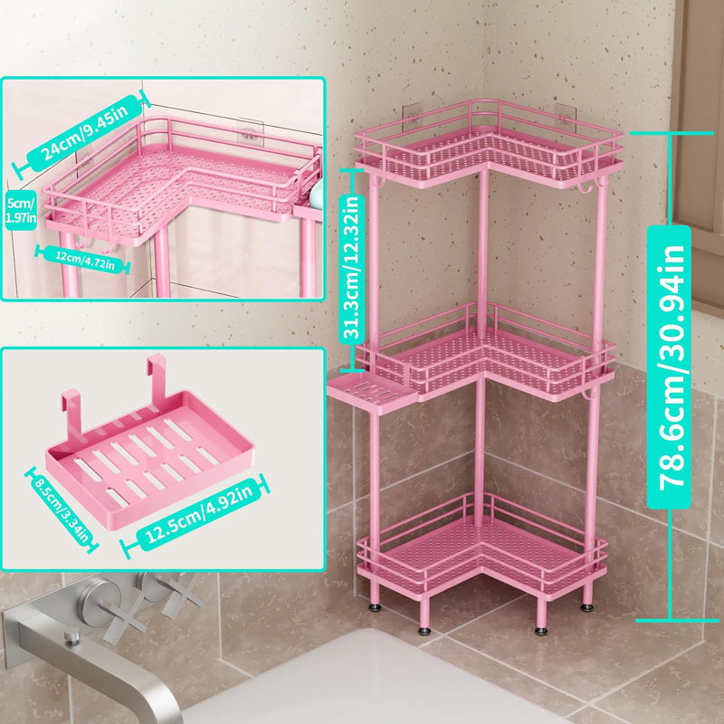 3-Tier Corner Shower Caddy Organizer With Soap Holder And 4 Hooks, Rustproof Stainless Steel Bathroom Standing Storage Tower With Adjustable Feet, Space-Saving Design