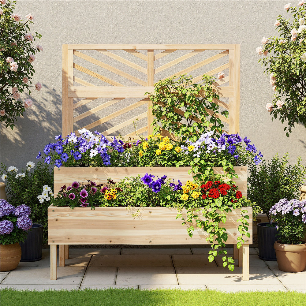 2-Tier Raised Garden Bed with Trellis and Drainage Holes