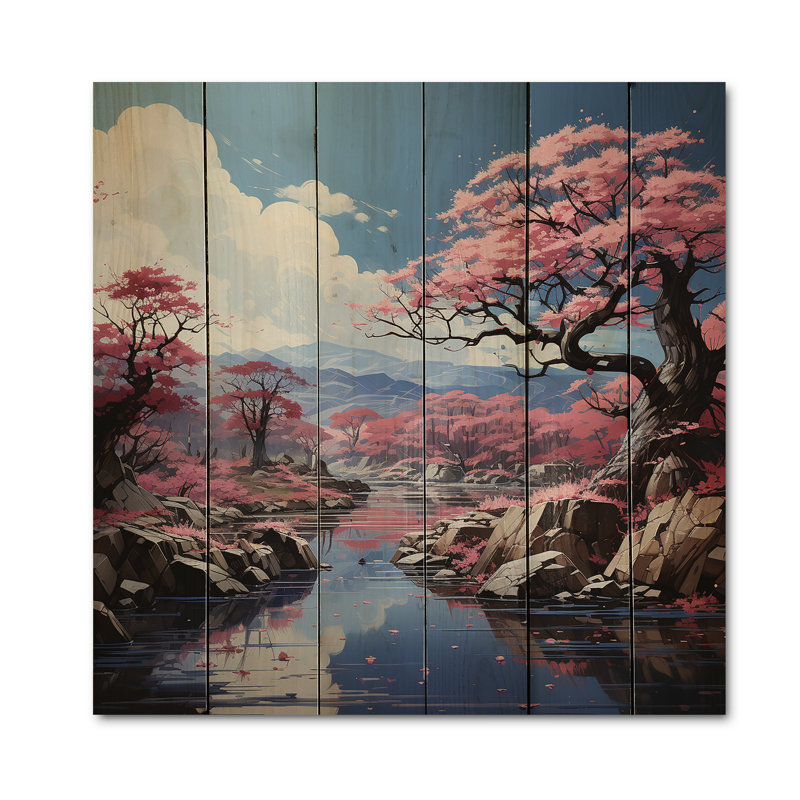 Fleur de cerisier Venetta, Japon, sérénité II sur bois, H 15 po x l 15 po x P 0,78 po