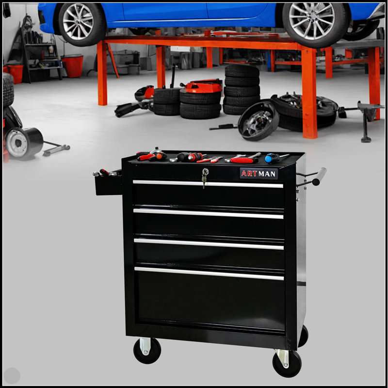 Coffre à outils roulant, boîte à outils à 4 tiroirs avec roulettes, chariot de rangement industriel robuste avec système de verrouillage, coffre à outils pour garage, atelier de réparation