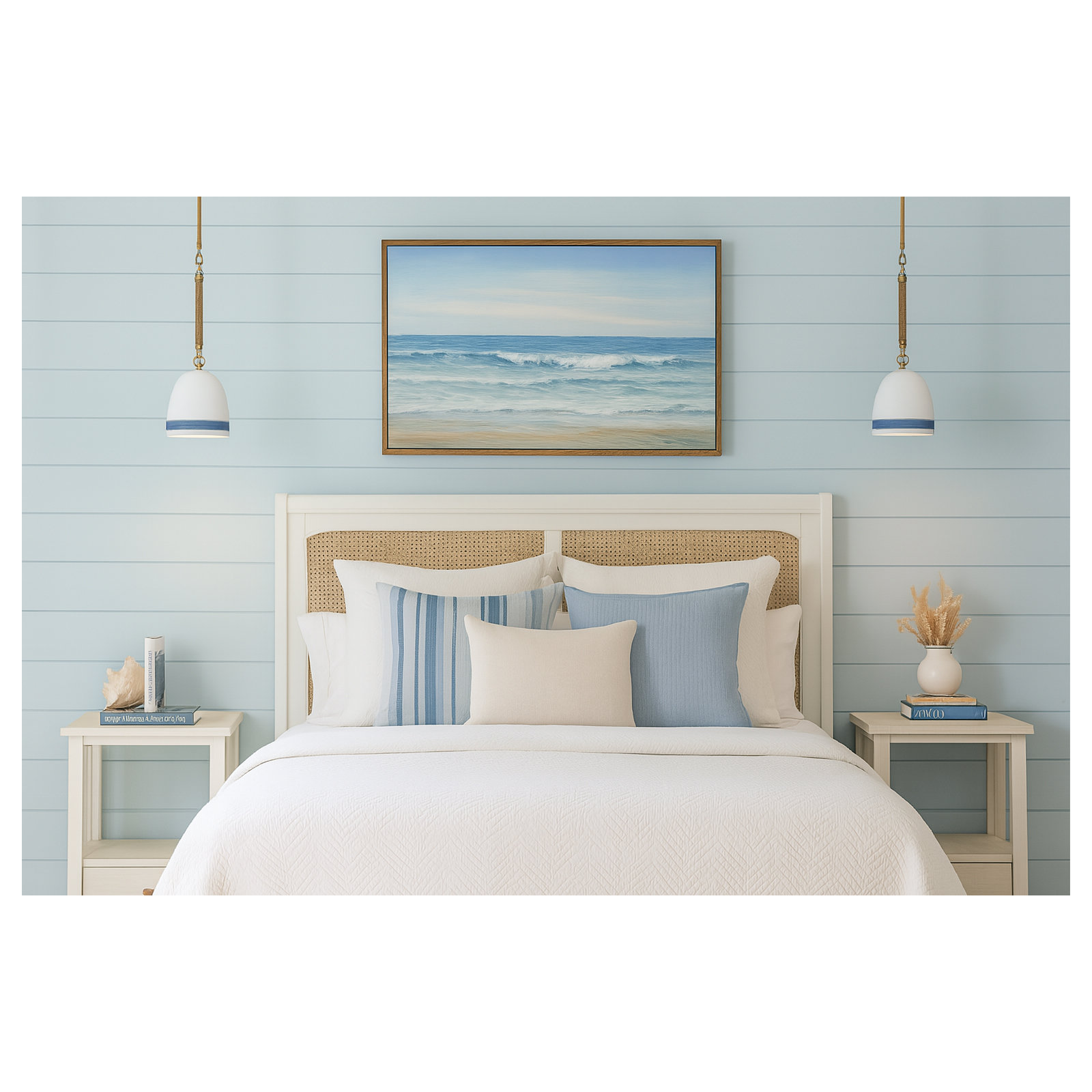 Karissa 1-Light Dimmable Sloped Ceiling Adaptable Pendant , Heirloom Brass, White/Navy Stripe