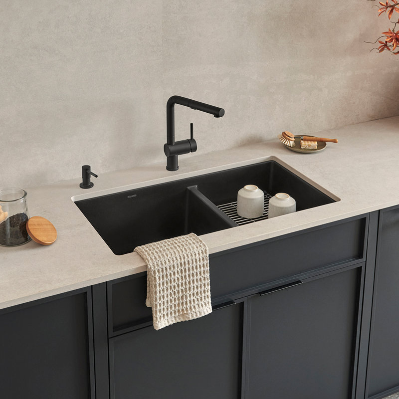 Precis SILGRANIT 33" L X 18" W Double Bowl Undermount Kitchen Sink, Coal Black