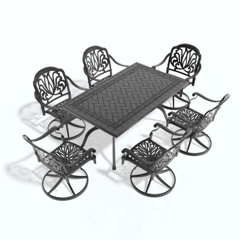 7-Piece All-Weather Cast Aluminum Dining Set, Include 6 Swivel Chairs And Rectangular Table With Frame