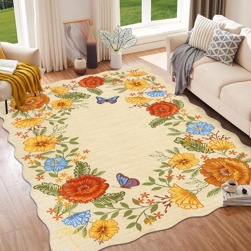 Living Room Rug 10x13 Modern Floral Rug Scalloped Rug Washable Rug with Non Slip Backing, Low Pile Thin Rug, Soft Foldable Rug, Aesthetic Botanical Rug for Bedroom Nursery Office, Yellow
