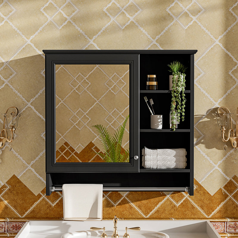 Wall-Mount 2-In-1 Mirror Cabinet With Adjustable Shelf, Accent Cabinet, Black