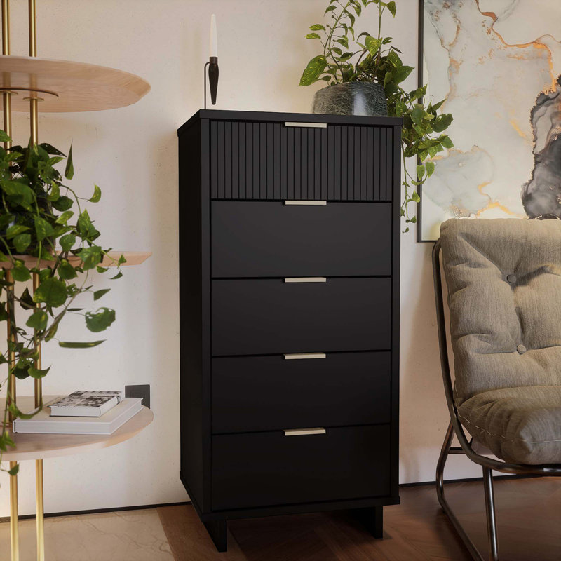 Granville 24" Modern Solid Wood Narrow Dresser with 5 Shelves in Black, Black