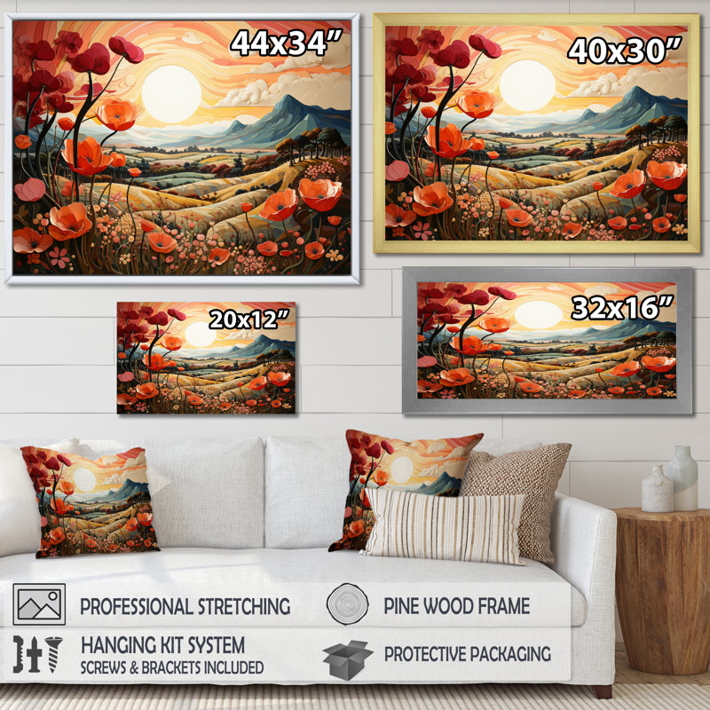 «Countryside Red Poppy Field VI», reproduction d'art sur toile, H 16 po x l 32 po, Cadre flottant noir