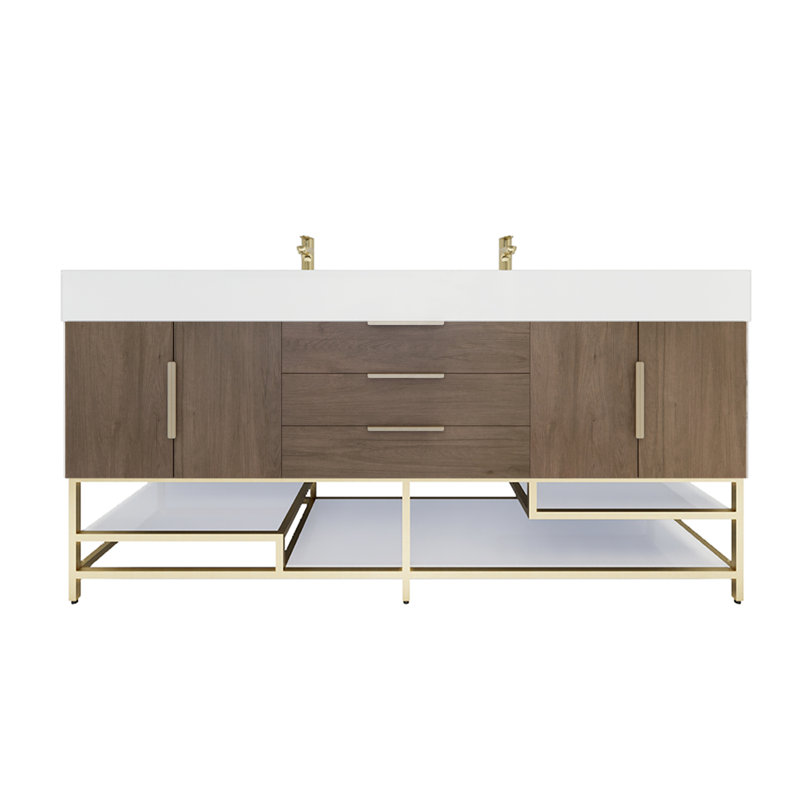 Ensemble de meuble-lavabo double 72 po Glasgow, Blanc lustré, Chêne clair