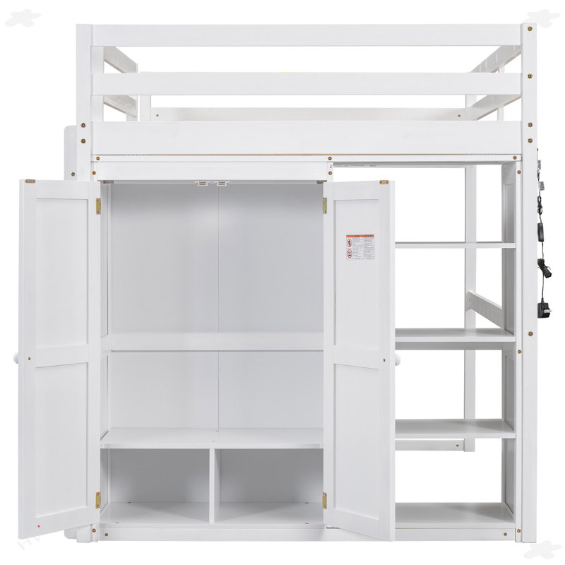 Wood Loft Bed With Built-In Wardrobe And Storage Shelves, White