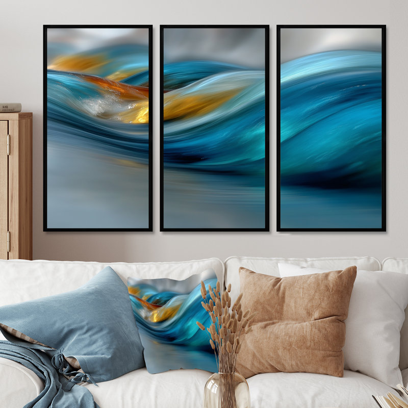 Ensemble de décorations murales bord de mer jaune à vagues bleues et rythmiques, H 40 po x l 60 po, Noir