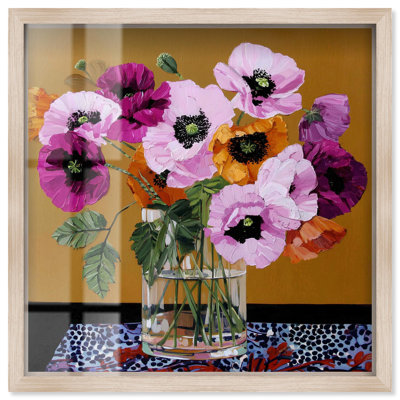 Décoration murale en verre avec vase en verre II par Art Remedy, cadre blond, 41 x 41