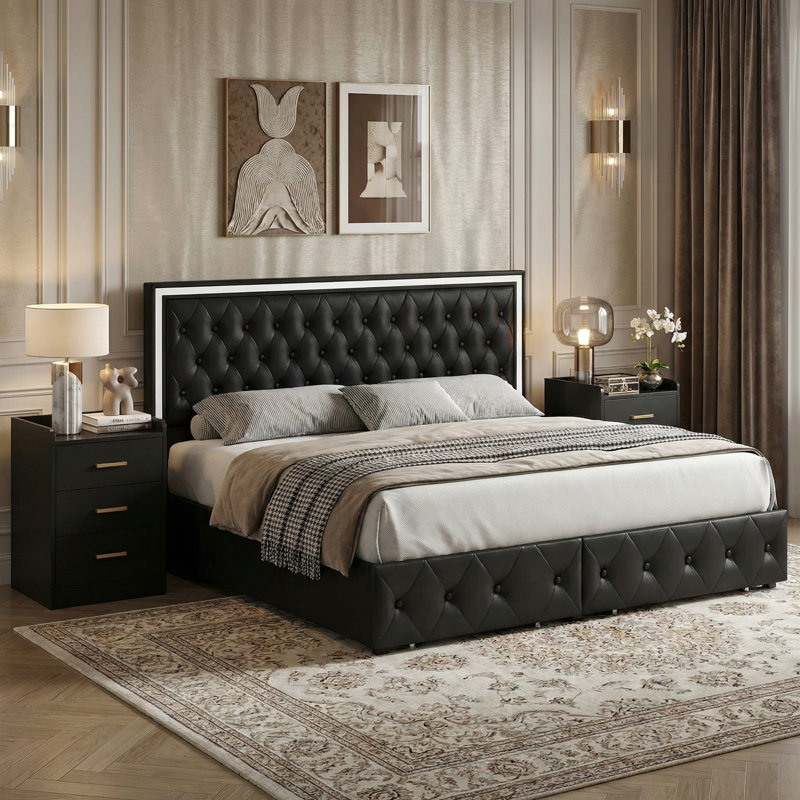 3-Piece Bedroom Sets, 4-Drawer LED Storage Bed+ 2 Nightstands with 3 Drawers Each&USB + Outlet Built-In, Queen, Black