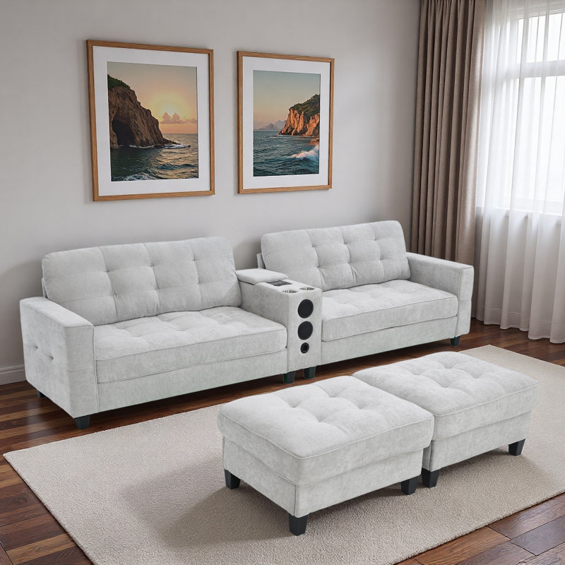 Modern U-shaped Sectional With Movable Storage Ottomans, Multifunctional Console, Bluetooth Speakers And Led Lights