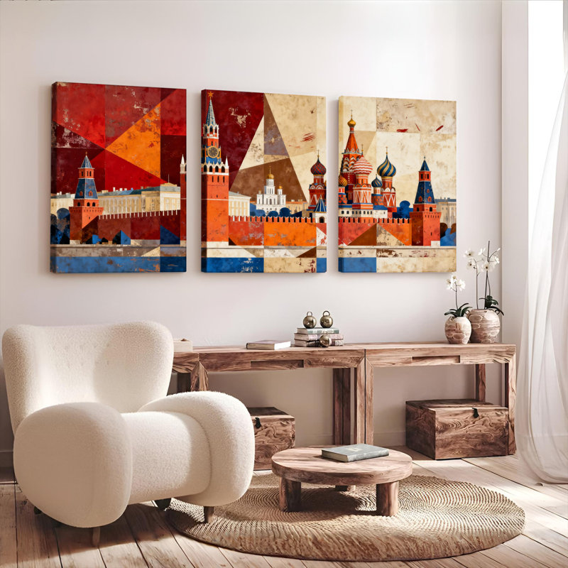 Tableau abstrait géométrique sur toile tendue représentant le Kremlin de Moscou (lot de 3), H 18 po x l 36 po