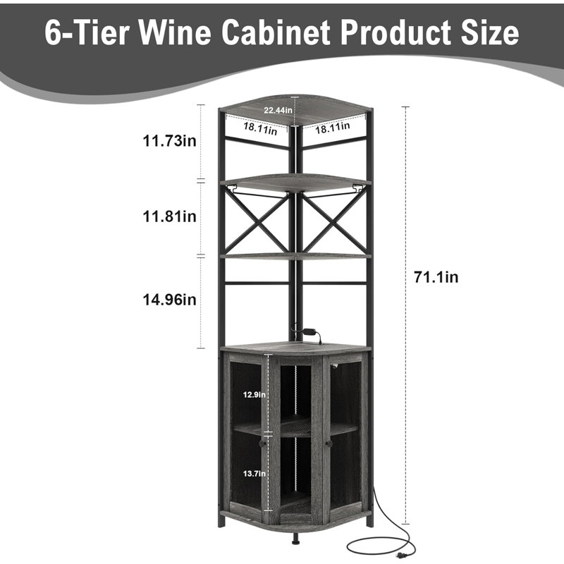 Bar à vin avec prise de courant, armoire à vin industrielle à 6 niveaux avec éclairage DEL et porte-verre, Gris / Noir