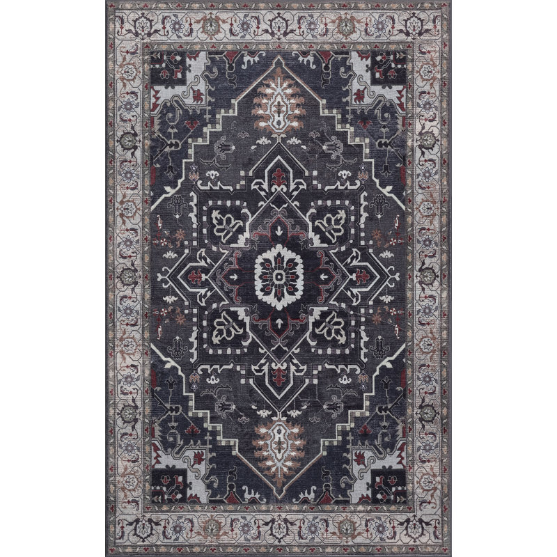 Tapis antidérapant Sersi Ornate, Gris anthracite / ivoire, Rectangle 9' x 12'