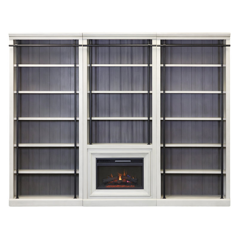 Three 8' Tall Bookcase Wall With Fireplace and Ladder, Storage Organizer, Display Shelf for Office