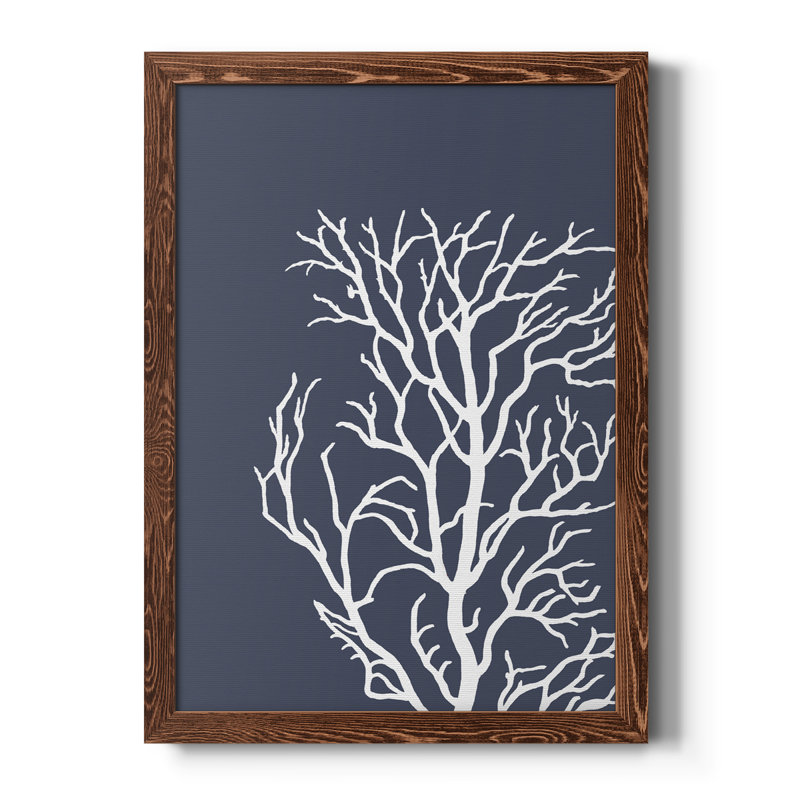 Coraux blancs sur toile indigo bleue C de qualité supérieure - prêts à être accrochés, Cadre en érable