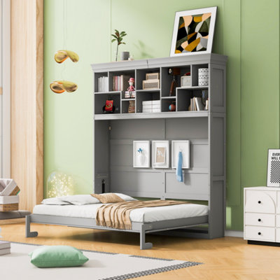 Grand lit escamotable mural avec tablettes supérieures et USB (lit)