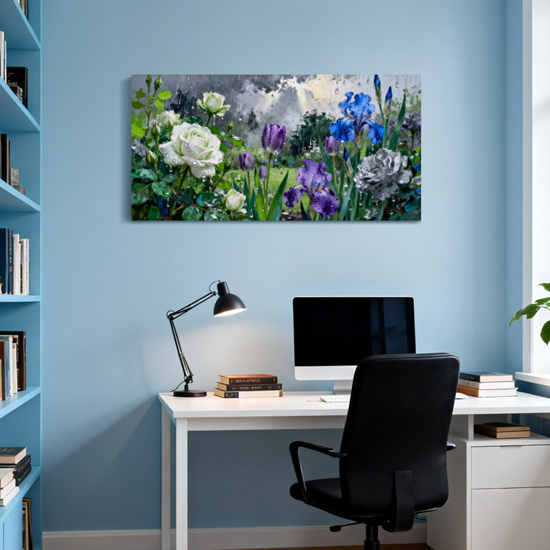 Plantes et fleurs, gouttes de pluie sur des fleurs dans une scène de jardin, H 16 po x l 32 po