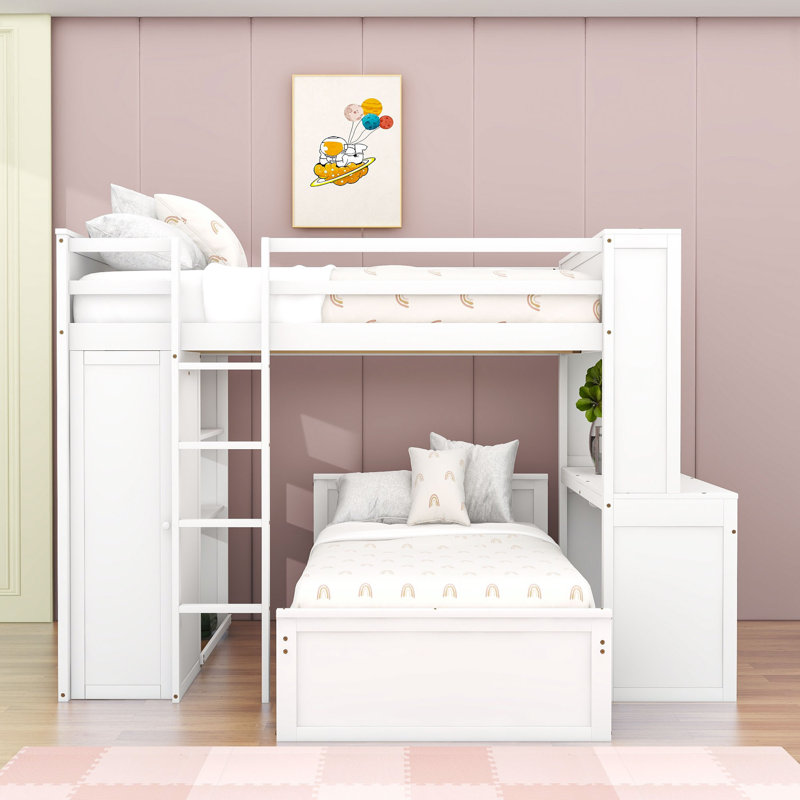 Hockaday Full Over Twin Size Wood Bunk Bed with Shelves,Desk and Wardrobe, White