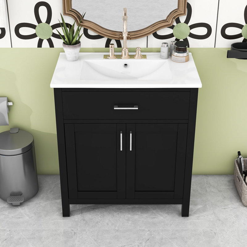 Meuble-lavabo de salle de bain avec lavabo et rangement en céramique, Argent argent, Noir