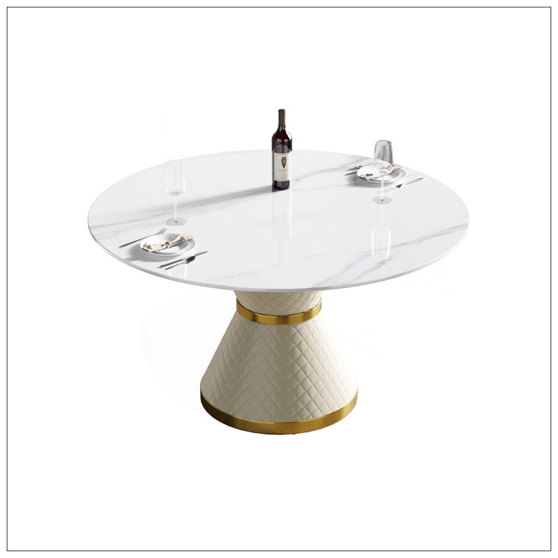 Table de salle à manger 53,15 po en pierre artificielle ronde blanche avec base en acier au carbone pouvant accueillir 6 personnes