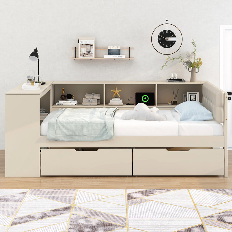 Wood Twin Size Platform Bed With Storage Shelves, Twin, Cream