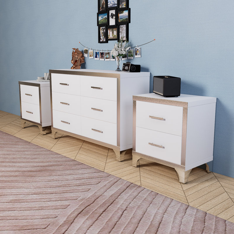White 3-piece Set, Dressing Table And Two Bedside Tables With Metal Handles And Mirror Decoration, Elegant And Subtle