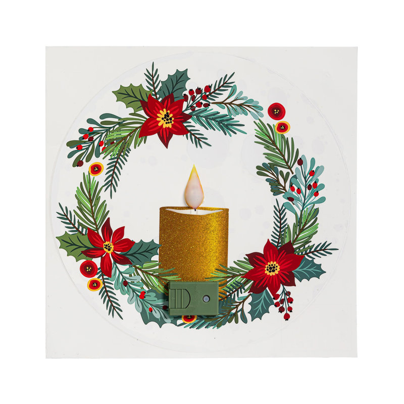 Décalcomanie pour fenêtre à DEL avec poinsettia et bougie scintillante