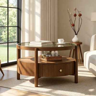 Table basse moderne de style Mid-Century avec plateau en verre trempé, table de cocktail circulaire à 2 niveaux avec tiroir coulissant et pieds en bois massif, table centrale au fini noyer pour salon et appartement