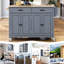 Chariot pour îlot de cuisine avec plateau en bois massif stable, armoire à 4 portes, 2 tiroirs, porte-épices et porte-serviettes, roues verrouillables, plateau gris-bleu et tablettes-236776489