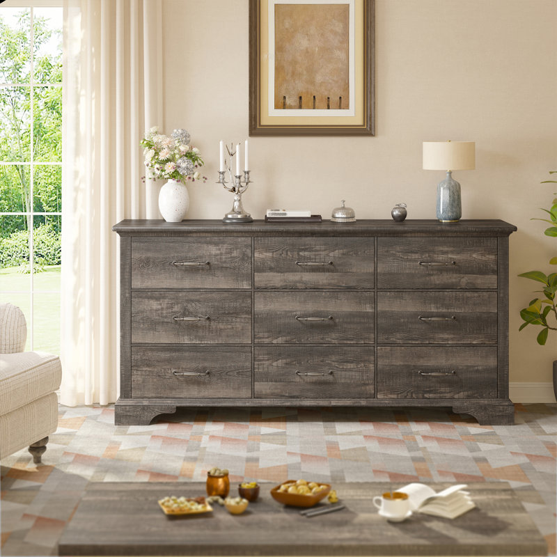 63" W Farmhouse 9 Drawers Dressers For Bedroom, Gray