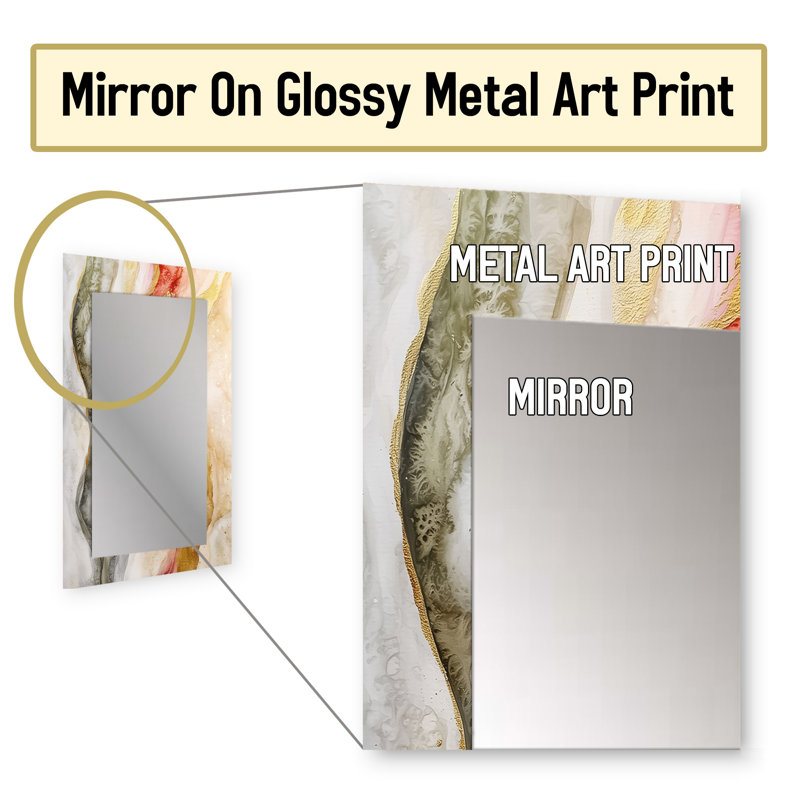Celestial Pink Balance Of Sinai Pearl Marble II - Transitional Mirror, Gold Decorative Wall Mirror, Printed Metal Art