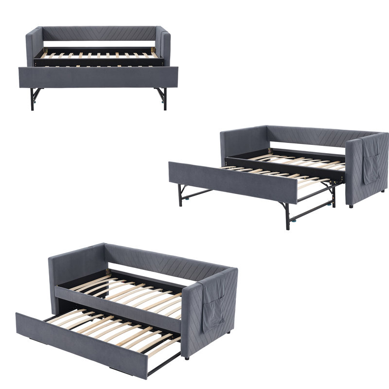   84" Wide Upholstered Daybed with Twin Trundle - V-Grained Velvet Sofa Bed with USB Charging and Storage Pockets, Gray