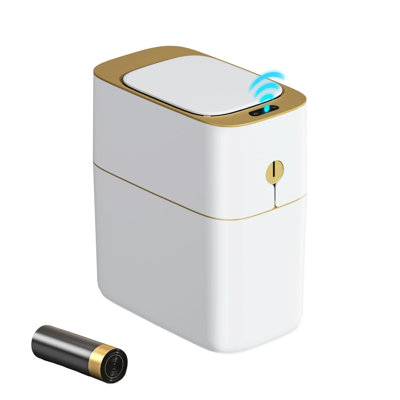 Poubelle JOYBOS Slim avec détecteur de mouvement, blanc et doré, 9 L (3,5 gal), sans contact, pour salle de bain, chambre et bureau.